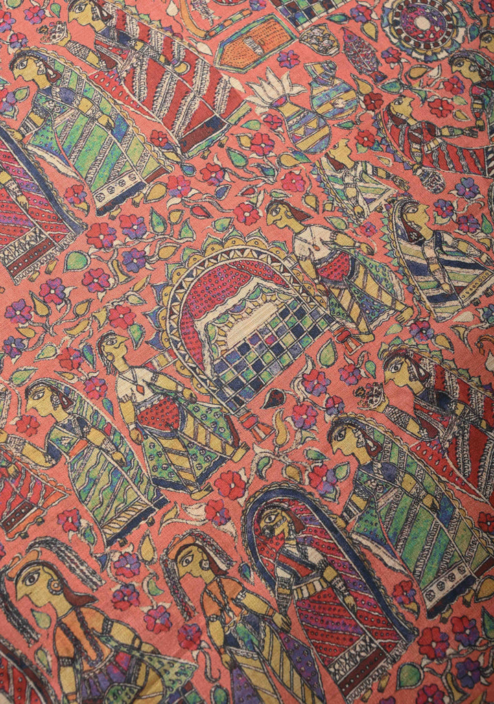 Semi Tussar Silk Saree with Kalamkari Digital Print in Coral