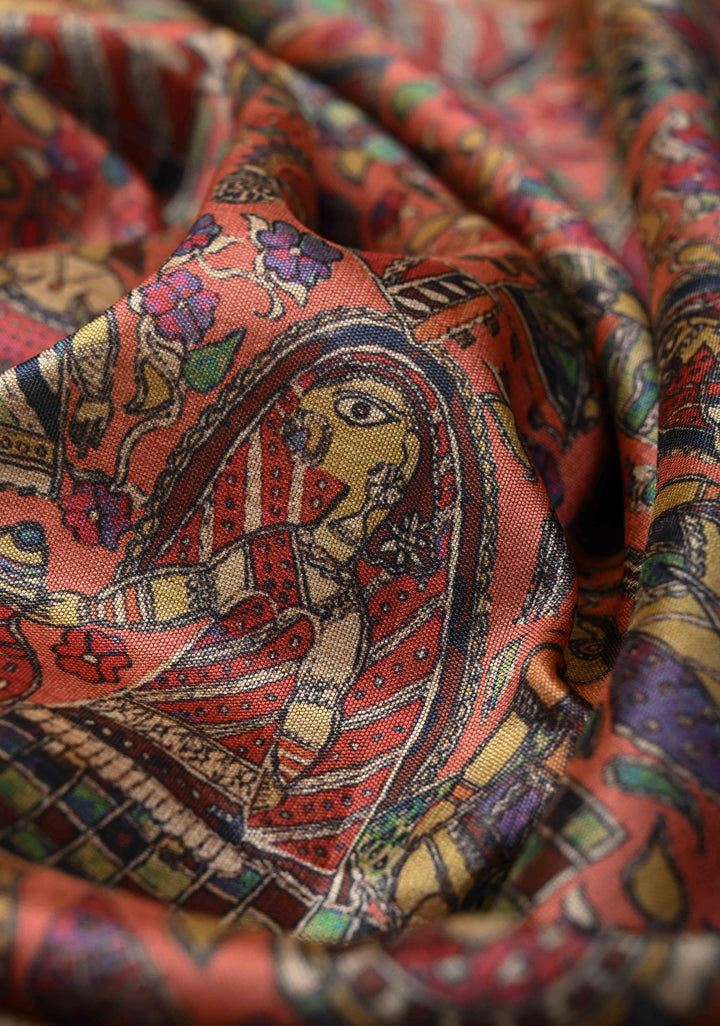 Semi Tussar Silk Saree with Kalamkari Digital Print in Coral