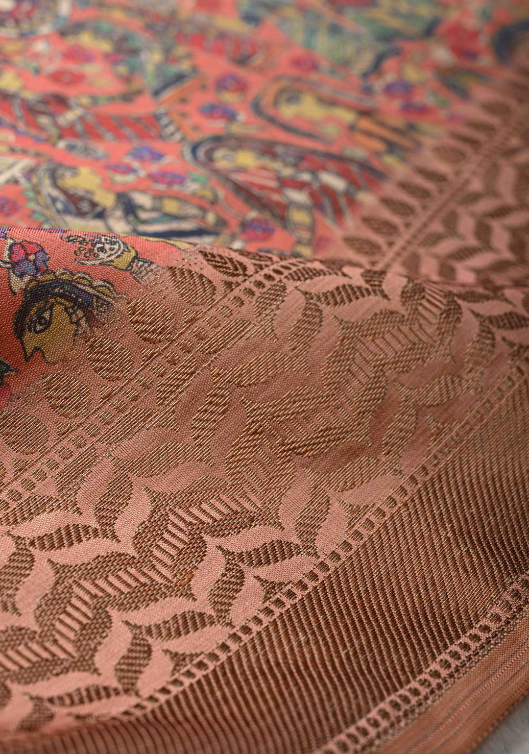 Semi Tussar Silk Saree with Kalamkari Digital Print in Coral