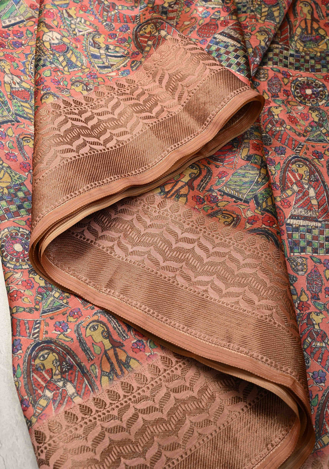 Semi Tussar Silk Saree with Kalamkari Digital Print in Coral