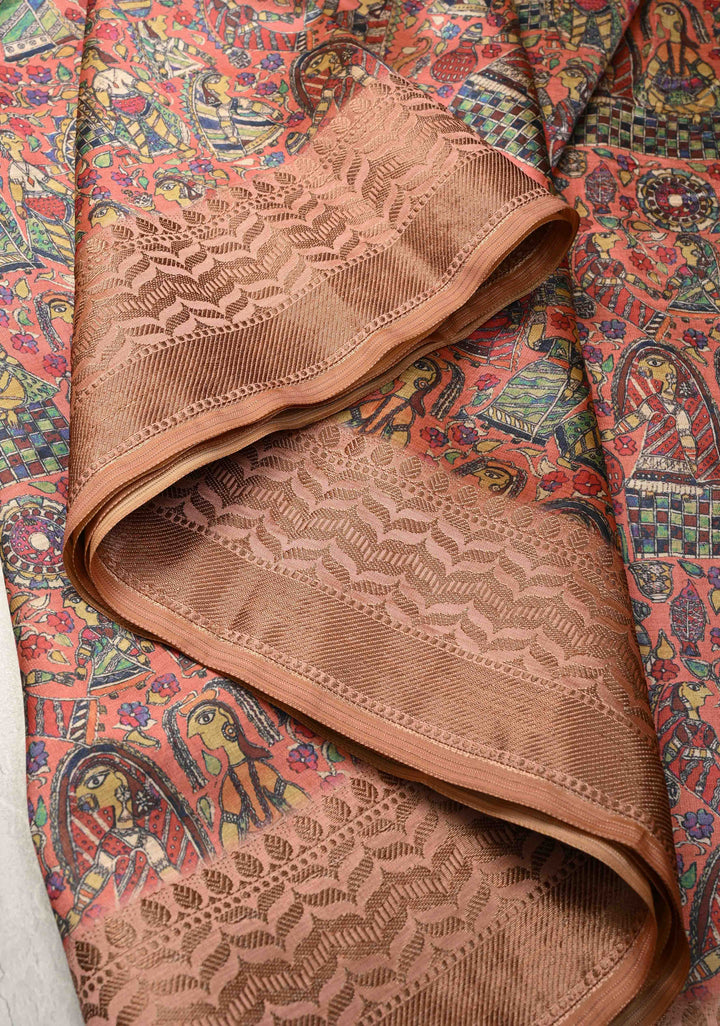 Semi Tussar Silk Saree with Kalamkari Digital Print in Coral