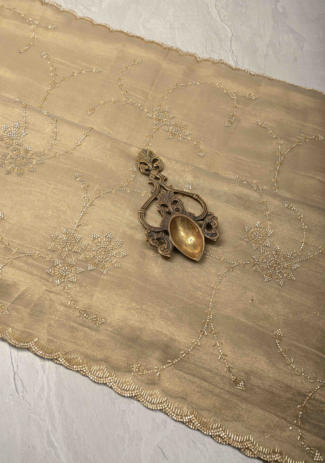 Light Champagne Tissue Organza Saree with Stone, Cutdana work Jaal and Scallop Border