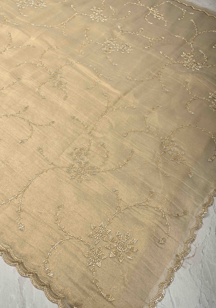 Light Champagne Tissue Organza Saree with Stone, Cutdana work Jaal and Scallop Border