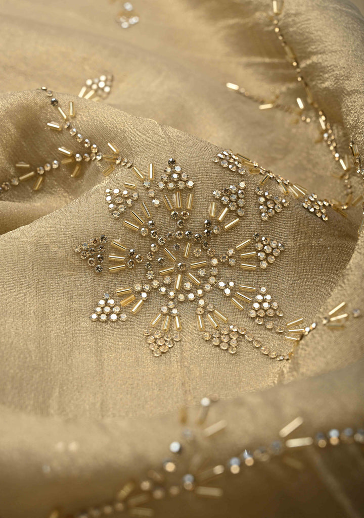 Light Champagne Tissue Organza Saree with Stone, Cutdana work Jaal and Scallop Border