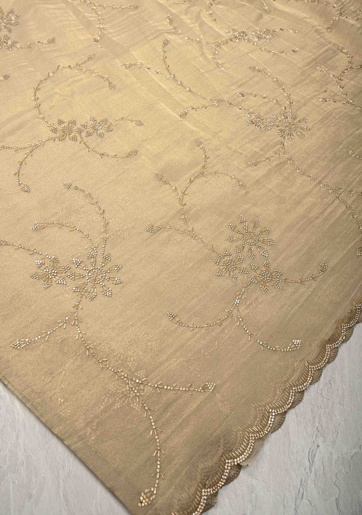 Light Champagne Tissue Organza Saree with Stone, Cutdana work Jaal and Scallop Border