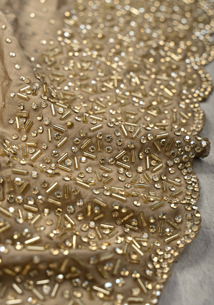 Stunning Taupe Satin Georgette Saree with tone on tone Stones, Cutdana work and Scallop Border