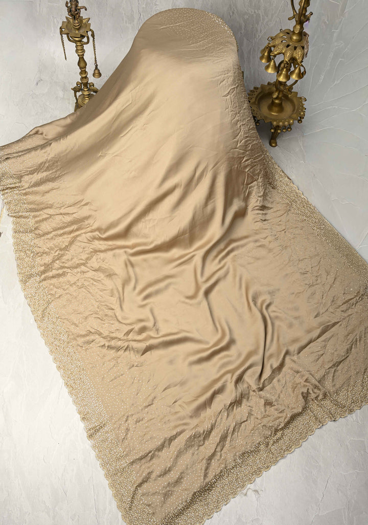 Stunning Taupe Satin Georgette Saree with tone on tone Stones, Cutdana work and Scallop Border