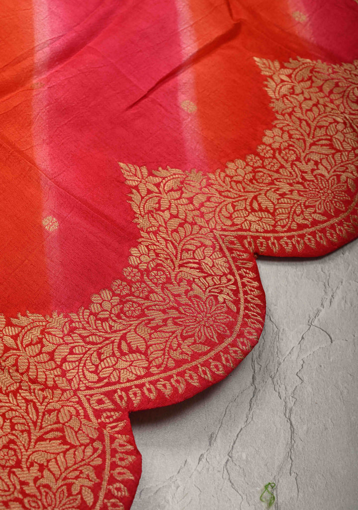 Orange-Pink Leheria Pattern on Vegan Soft Silk Saree with Zari Buttas and Scallop Border