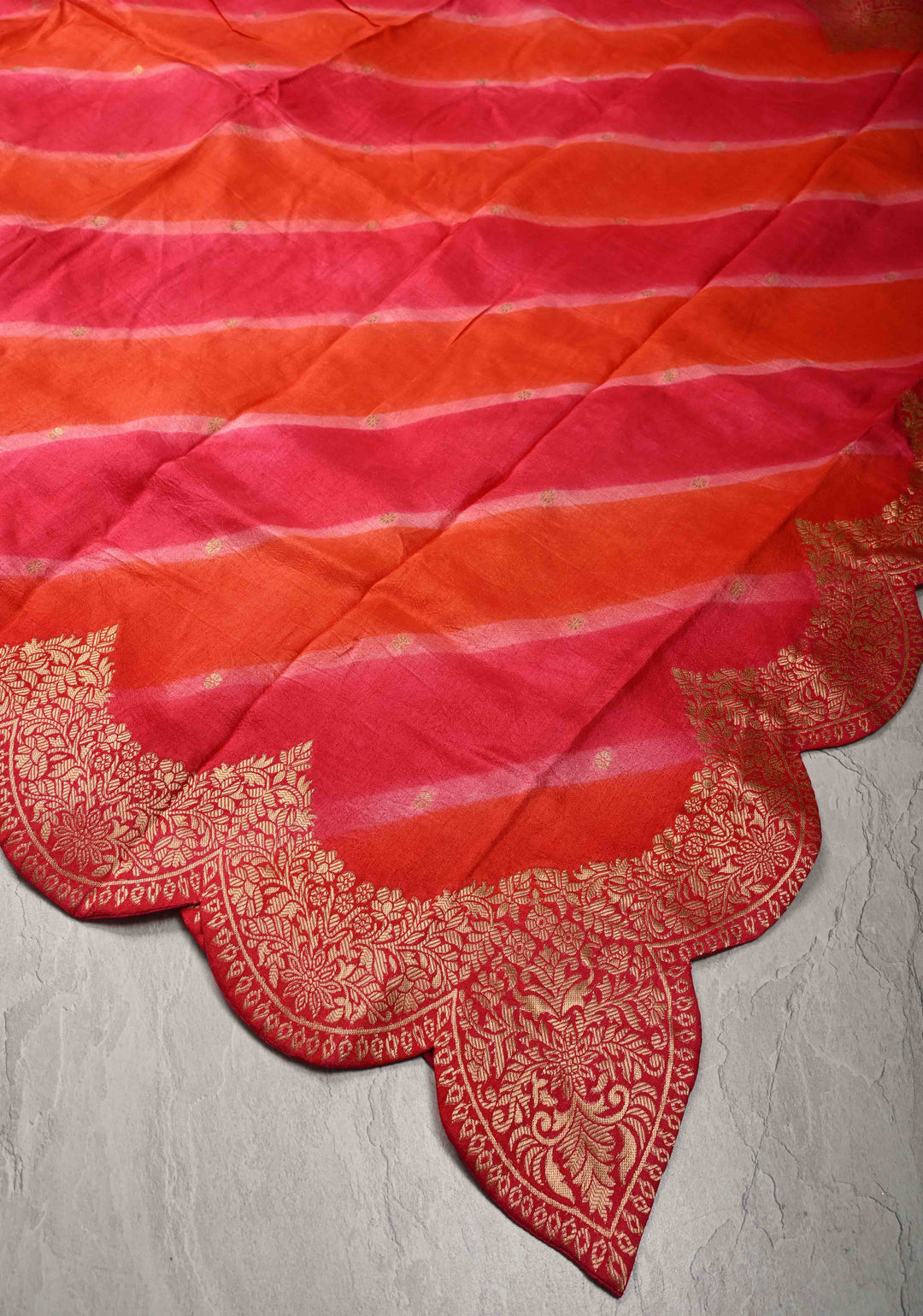 Orange-Pink Leheria Pattern on Vegan Soft Silk Saree with Zari Buttas and Scallop Border