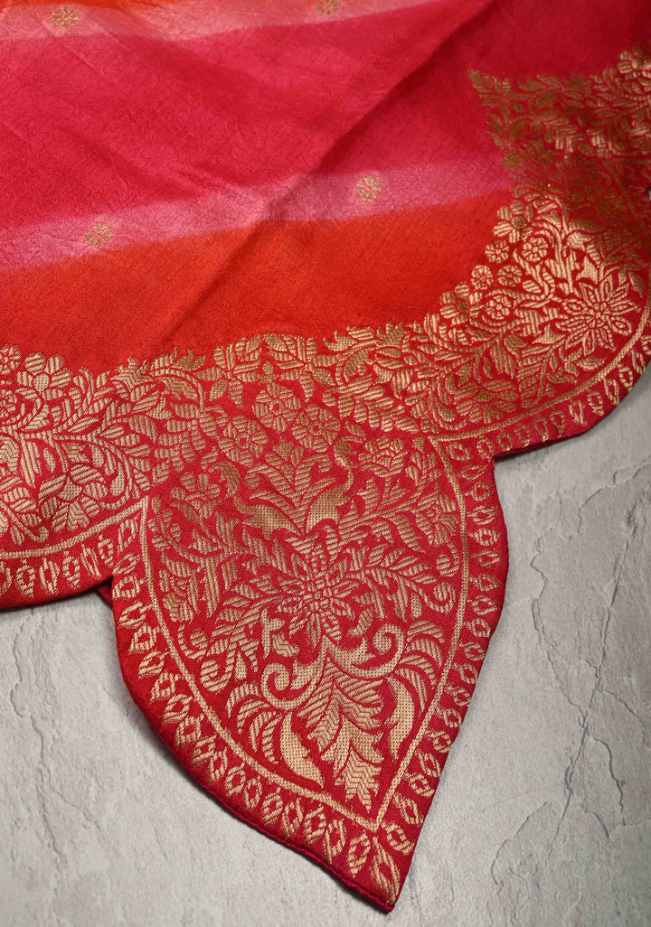 Orange-Pink Leheria Pattern on Vegan Soft Silk Saree with Zari Buttas and Scallop Border