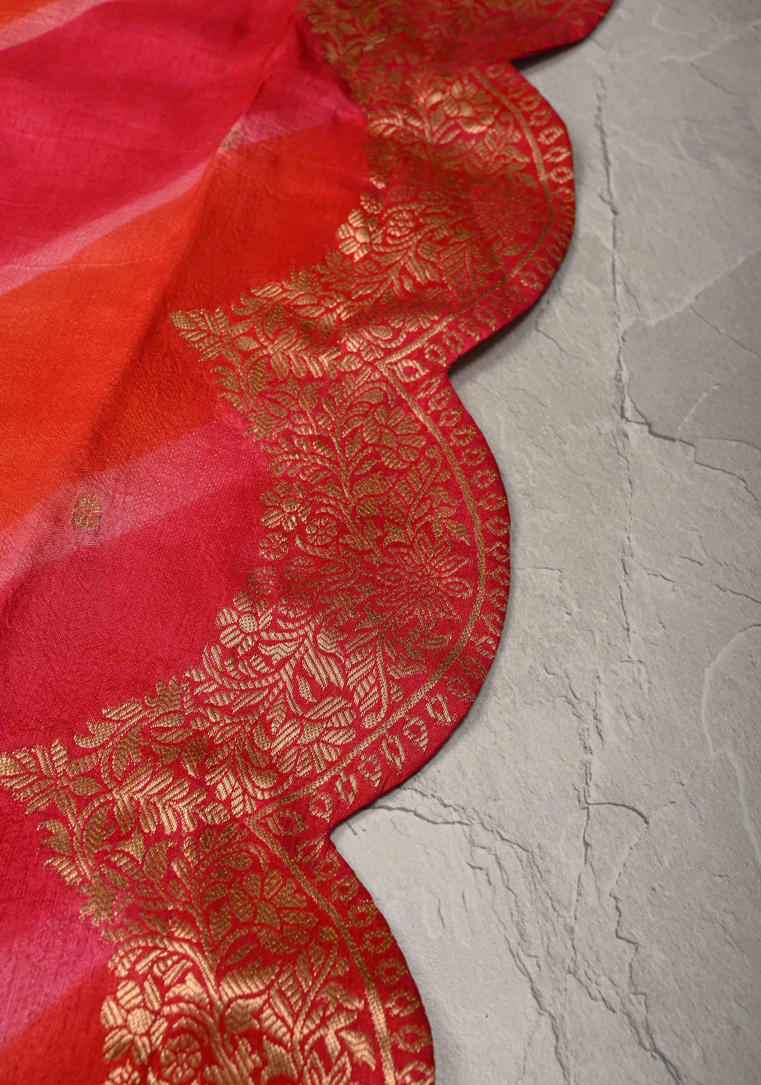 Orange-Pink Leheria Pattern on Vegan Soft Silk Saree with Zari Buttas and Scallop Border