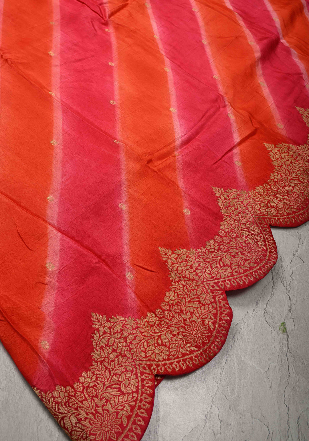 Orange-Pink Leheria Pattern on Vegan Soft Silk Saree with Zari Buttas and Scallop Border