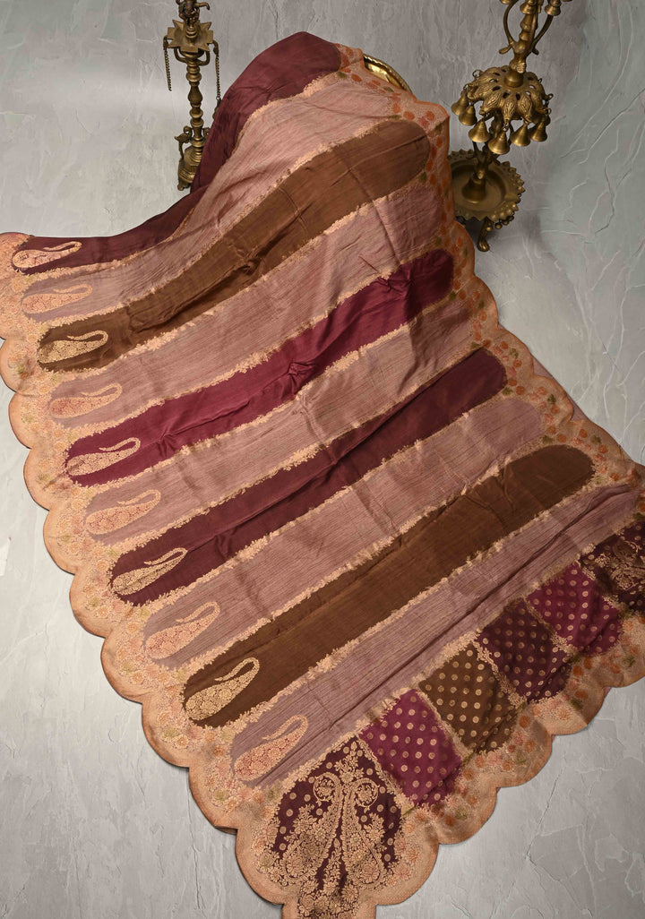 Multicolor Rangkaat Style Brush Dye  on Vegan Viscose Silk Saree with Paisley Buttas and Scallop Border