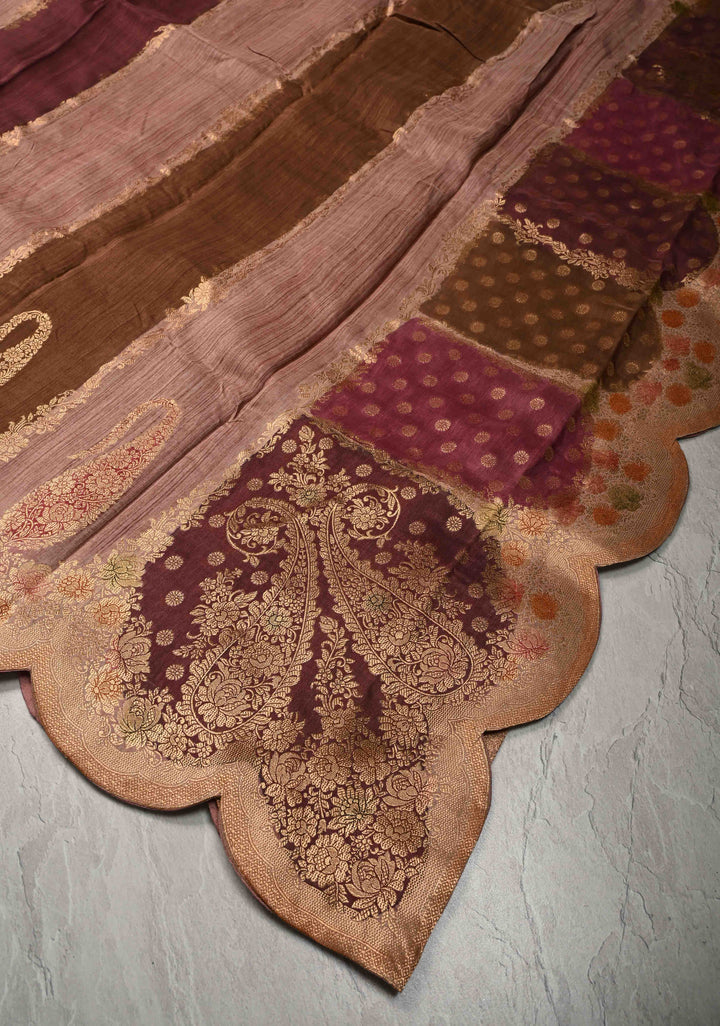 Multicolor Rangkaat Style Brush Dye  on Vegan Viscose Silk Saree with Paisley Buttas and Scallop Border
