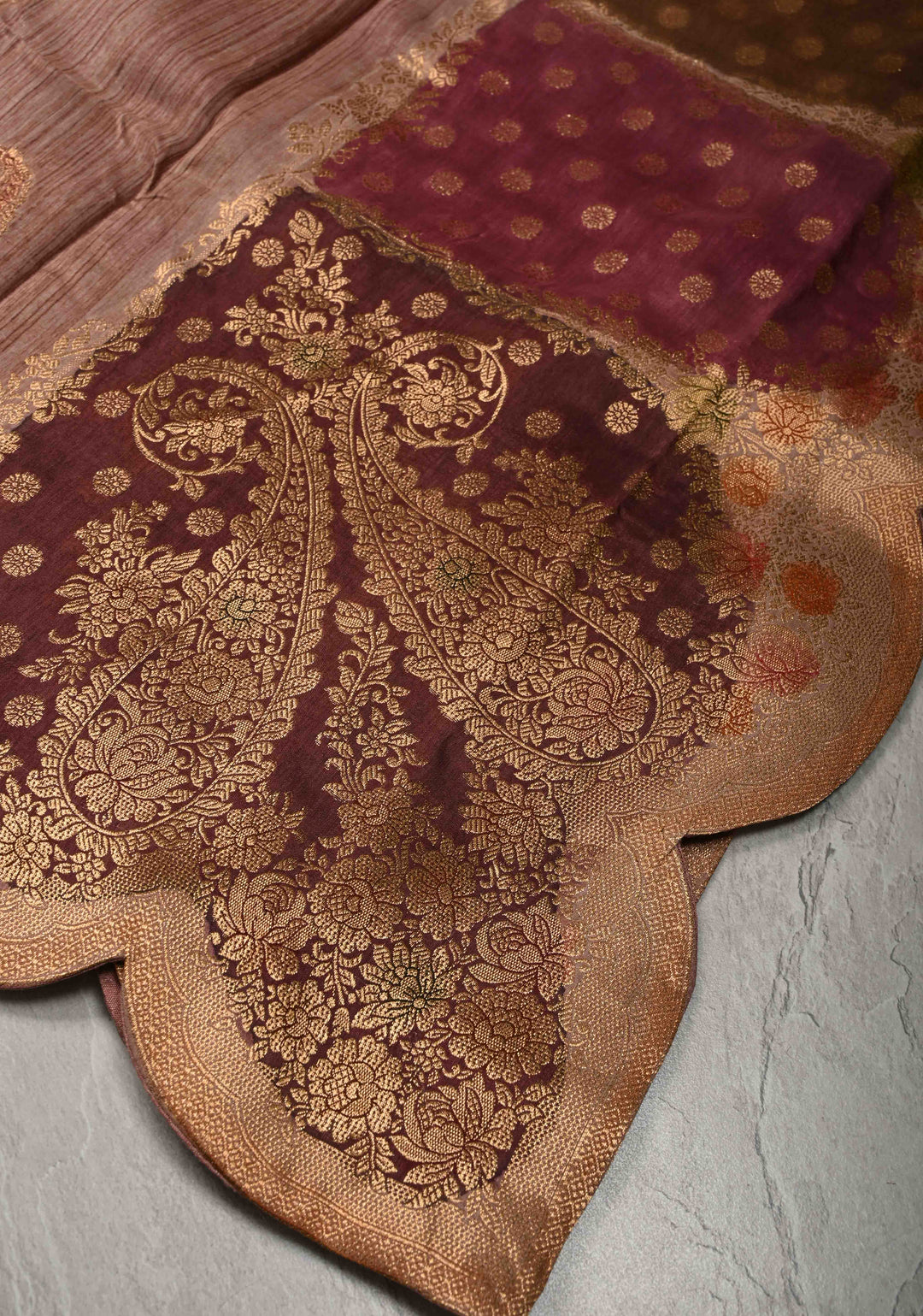 Multicolor Rangkaat Style Brush Dye  on Vegan Viscose Silk Saree with Paisley Buttas and Scallop Border