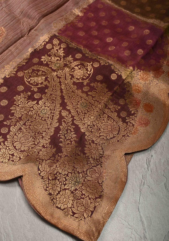 Multicolor Rangkaat Style Brush Dye  on Vegan Viscose Silk Saree with Paisley Buttas and Scallop Border