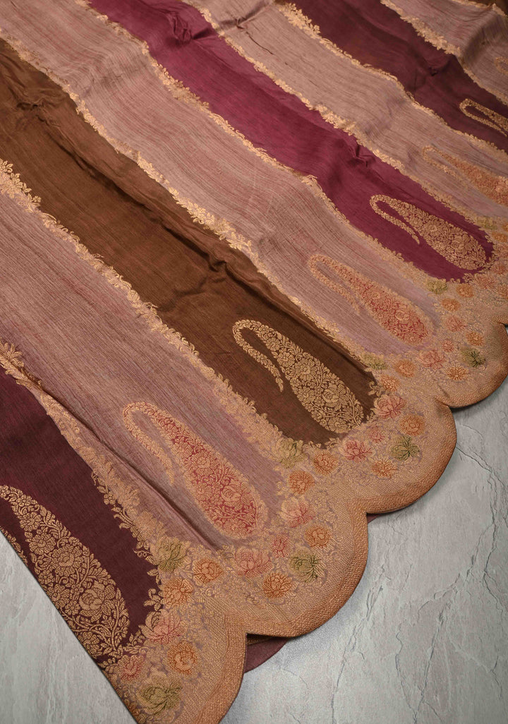 Multicolor Rangkaat Style Brush Dye  on Vegan Viscose Silk Saree with Paisley Buttas and Scallop Border