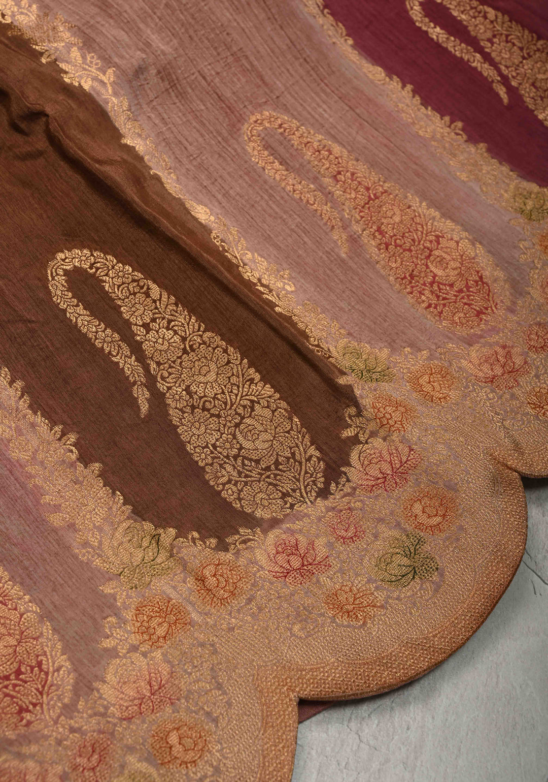 Multicolor Rangkaat Style Brush Dye  on Vegan Viscose Silk Saree with Paisley Buttas and Scallop Border