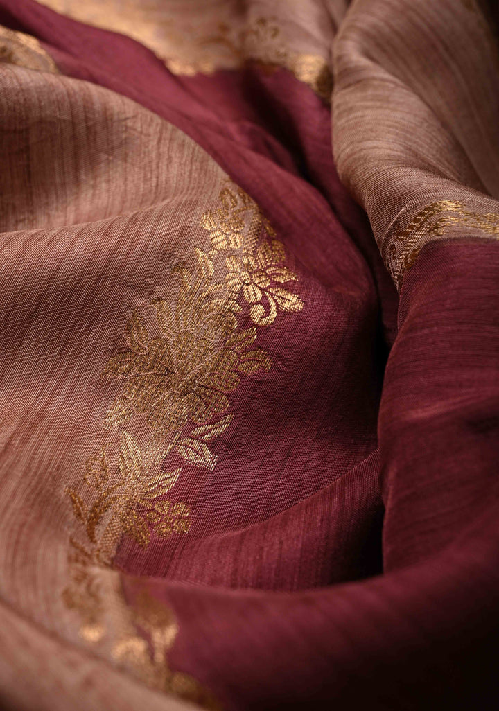 Multicolor Rangkaat Style Brush Dye  on Vegan Viscose Silk Saree with Paisley Buttas and Scallop Border