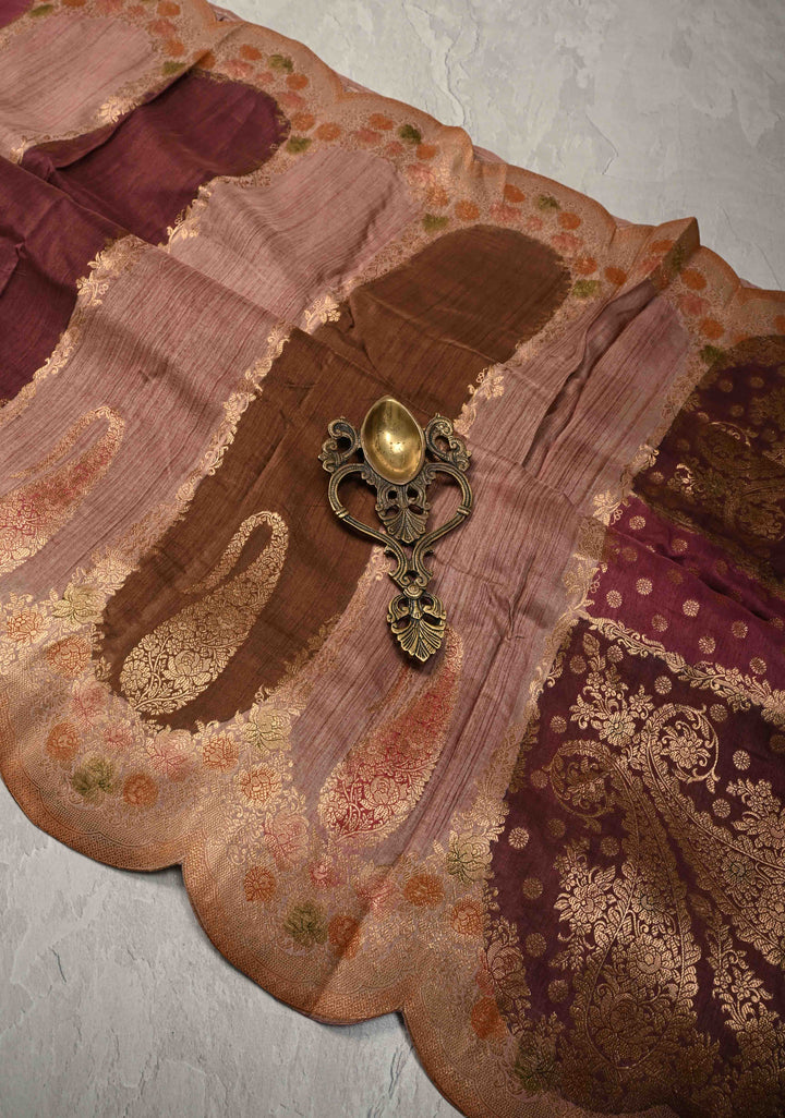 Multicolor Rangkaat Style Brush Dye  on Vegan Viscose Silk Saree with Paisley Buttas and Scallop Border