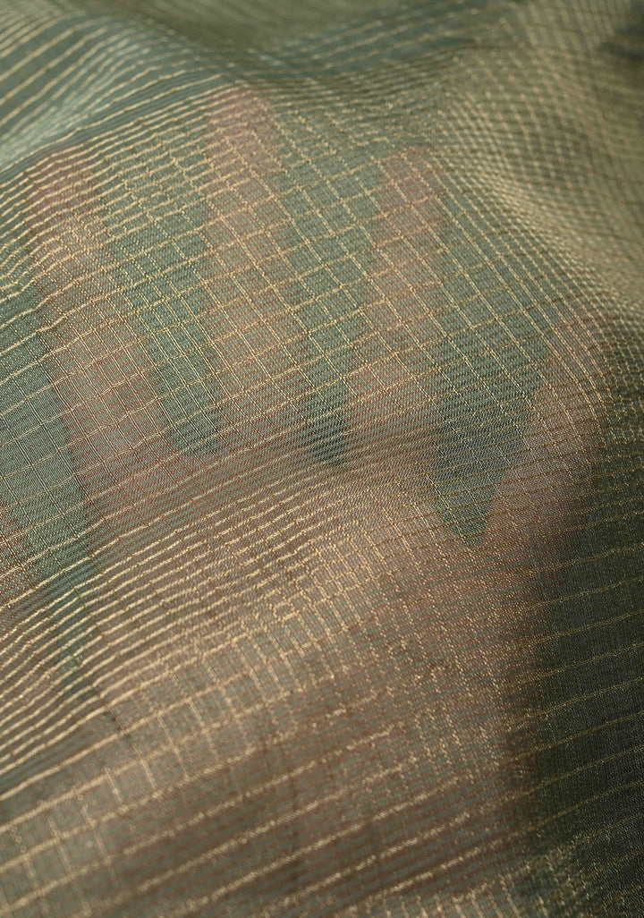 Sage Green Checks on Vegan Organza Tissue Saree with Zari Border and Hand Embroidery on Pallu