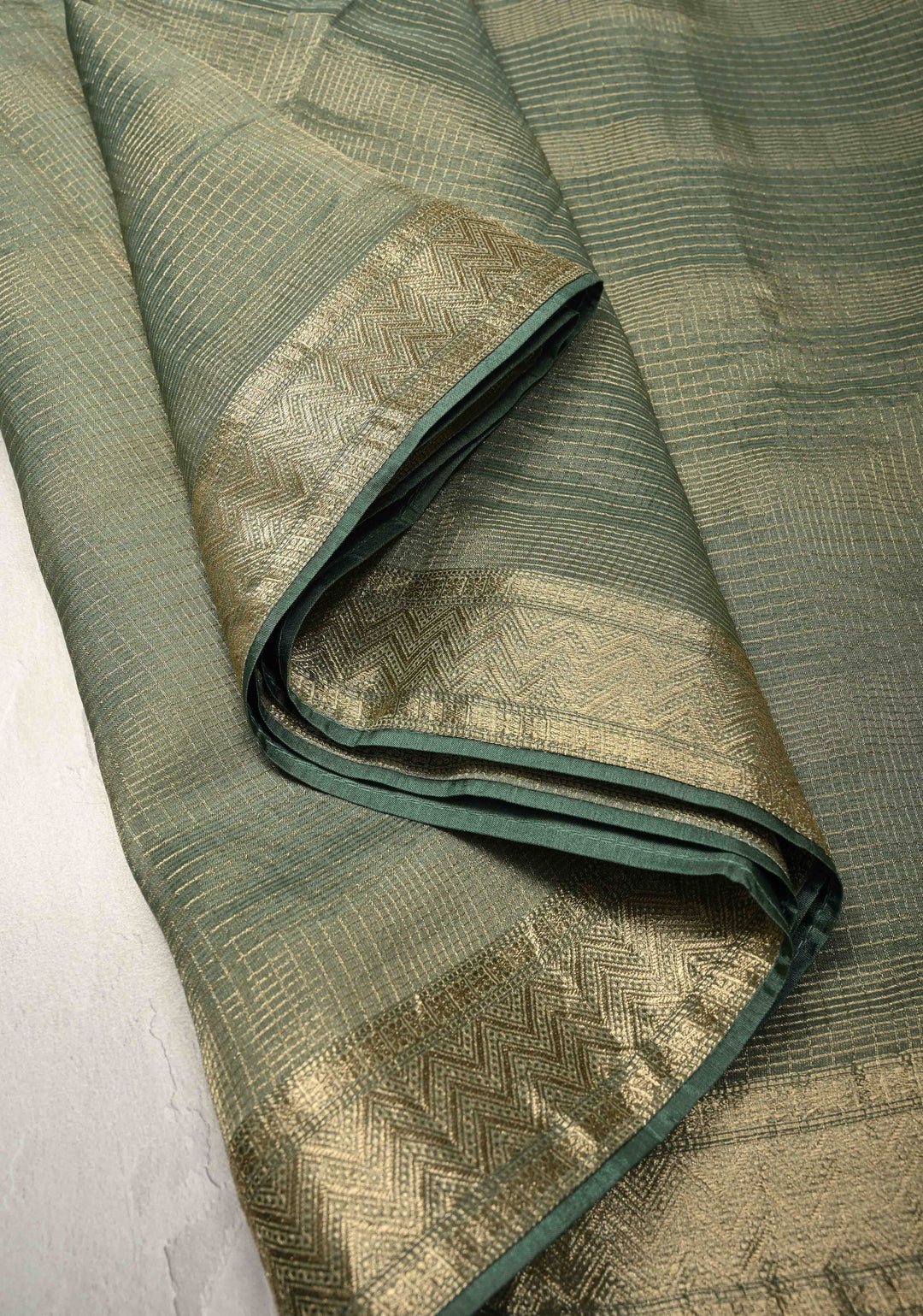 Sage Green Checks on Vegan Organza Tissue Saree with Zari Border and Hand Embroidery on Pallu