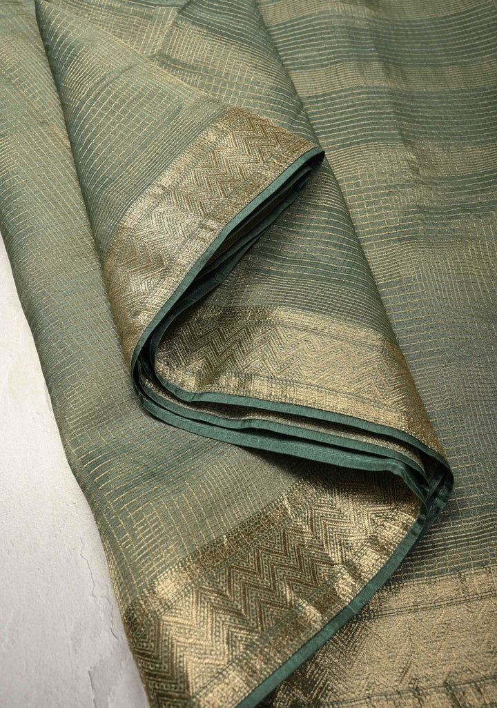 Sage Green Checks on Vegan Organza Tissue Saree with Zari Border and Hand Embroidery on Pallu