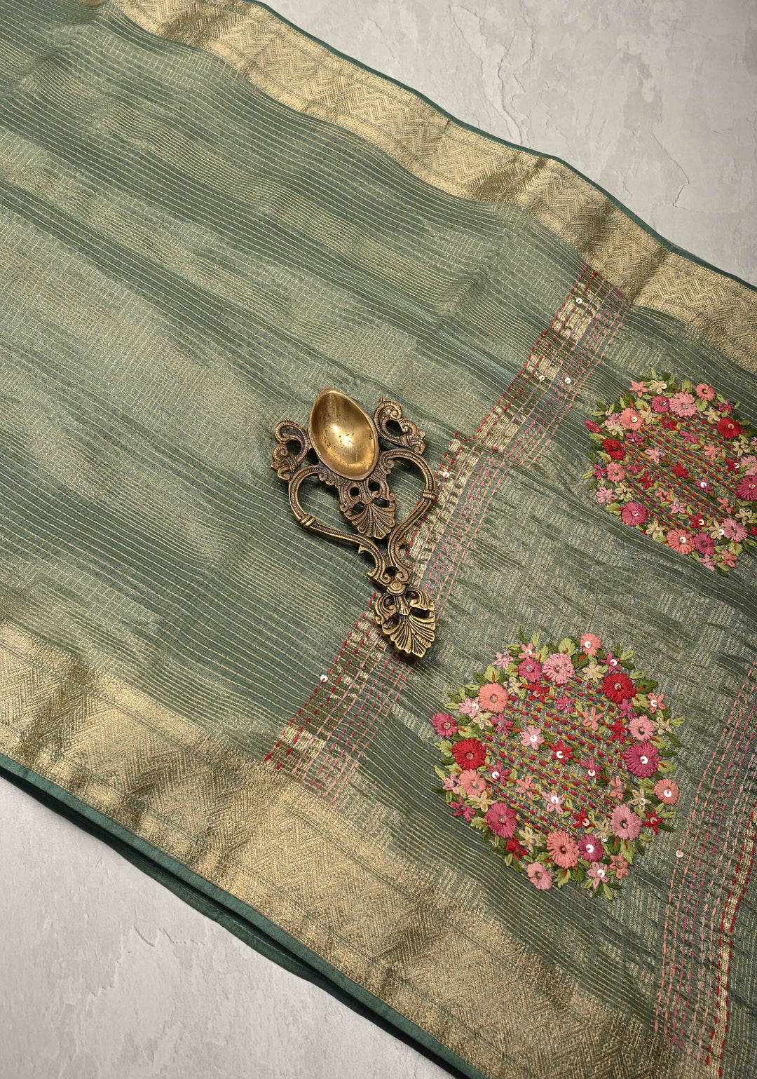 Sage Green Checks on Vegan Organza Tissue Saree with Zari Border and Hand Embroidery on Pallu