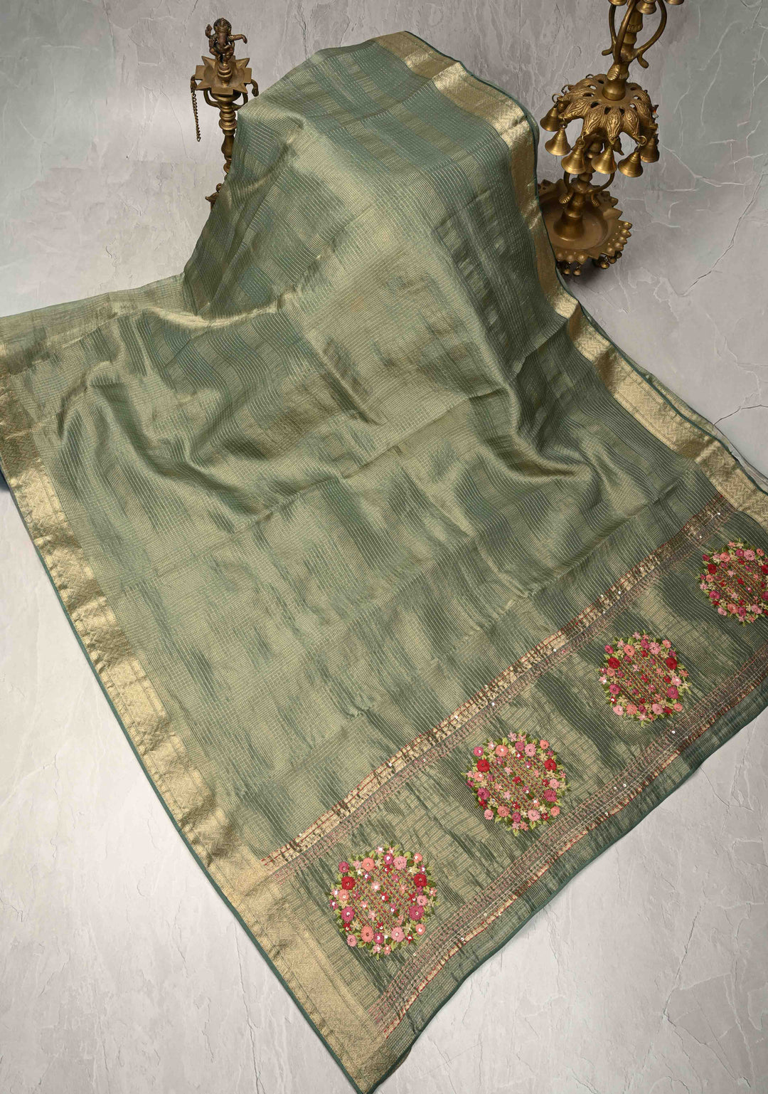 Sage Green Checks on Vegan Organza Tissue Saree with Zari Border and Hand Embroidery on Pallu