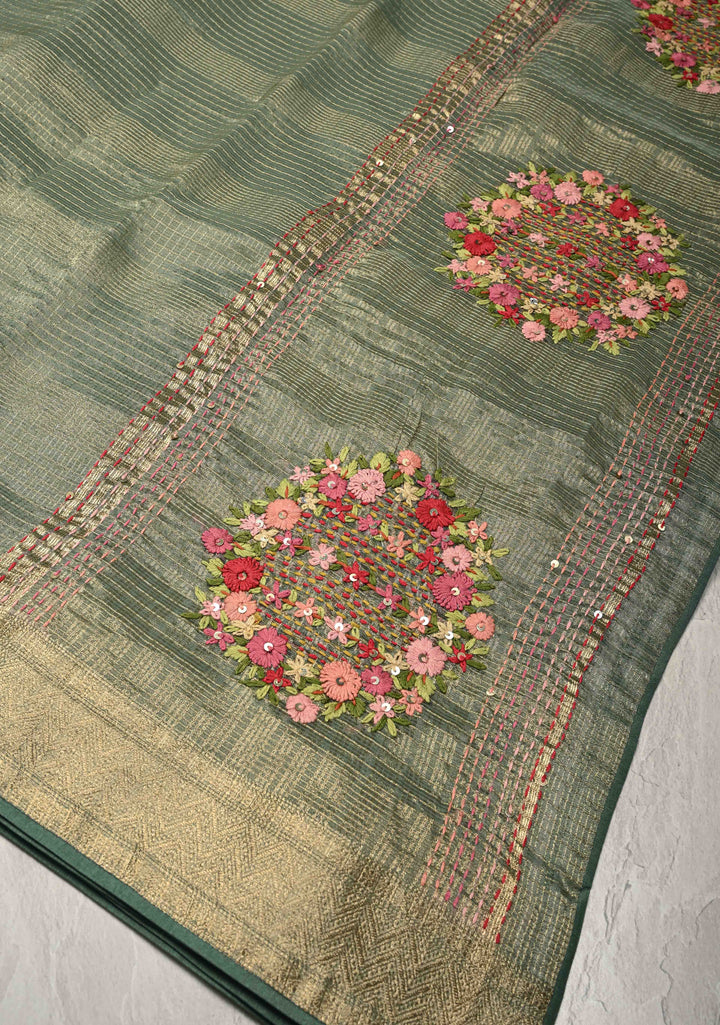 Sage Green Checks on Vegan Organza Tissue Saree with Zari Border and Hand Embroidery on Pallu