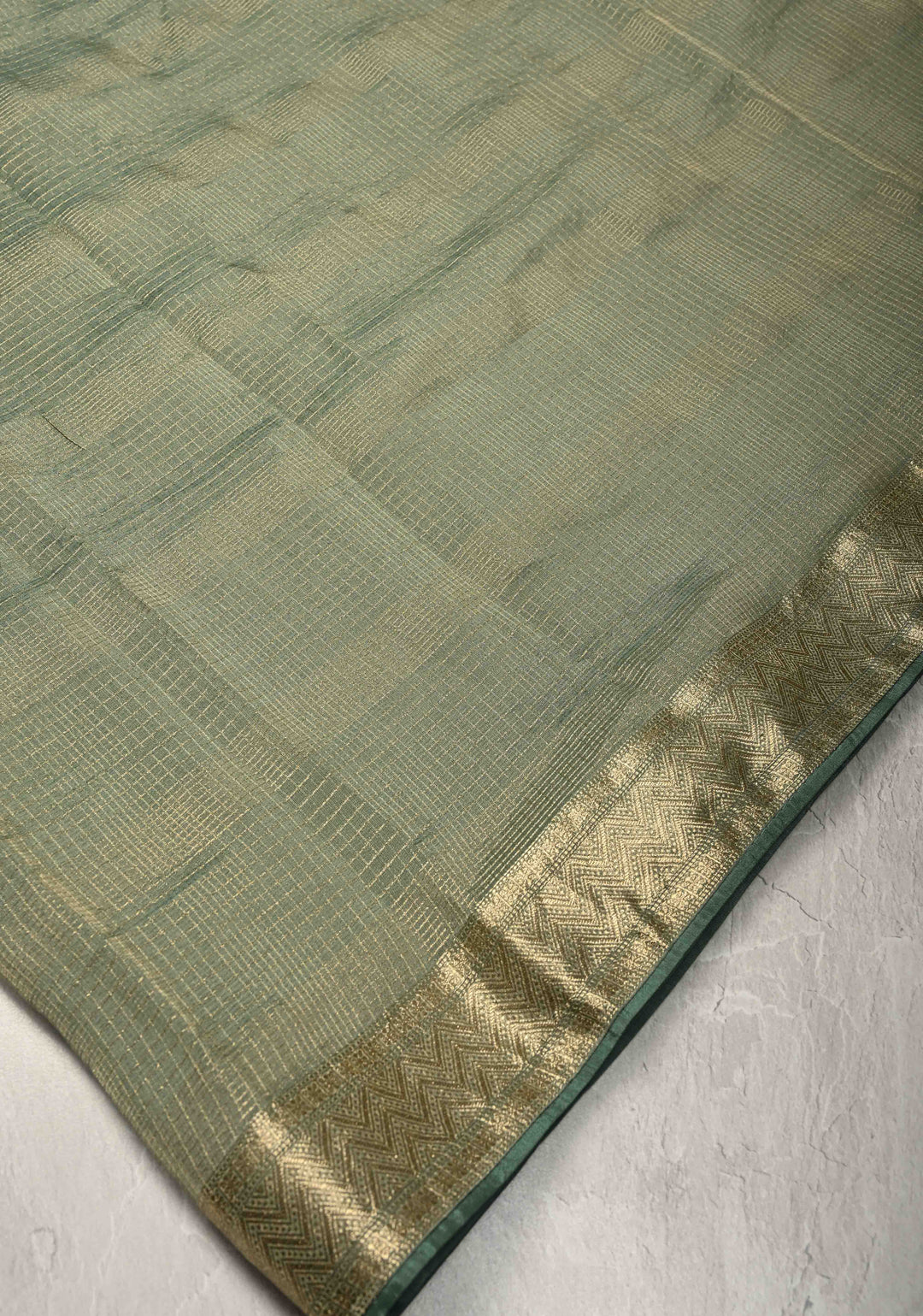 Sage Green Checks on Vegan Organza Tissue Saree with Zari Border and Hand Embroidery on Pallu
