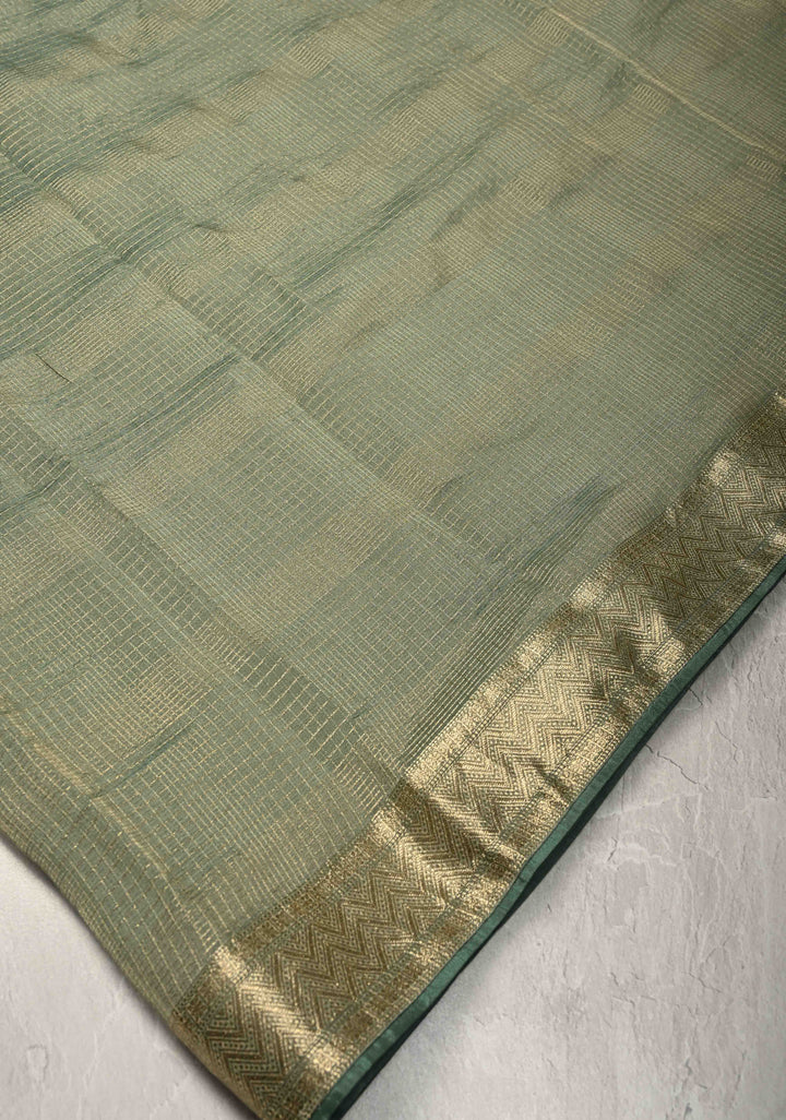 Sage Green Checks on Vegan Organza Tissue Saree with Zari Border and Hand Embroidery on Pallu