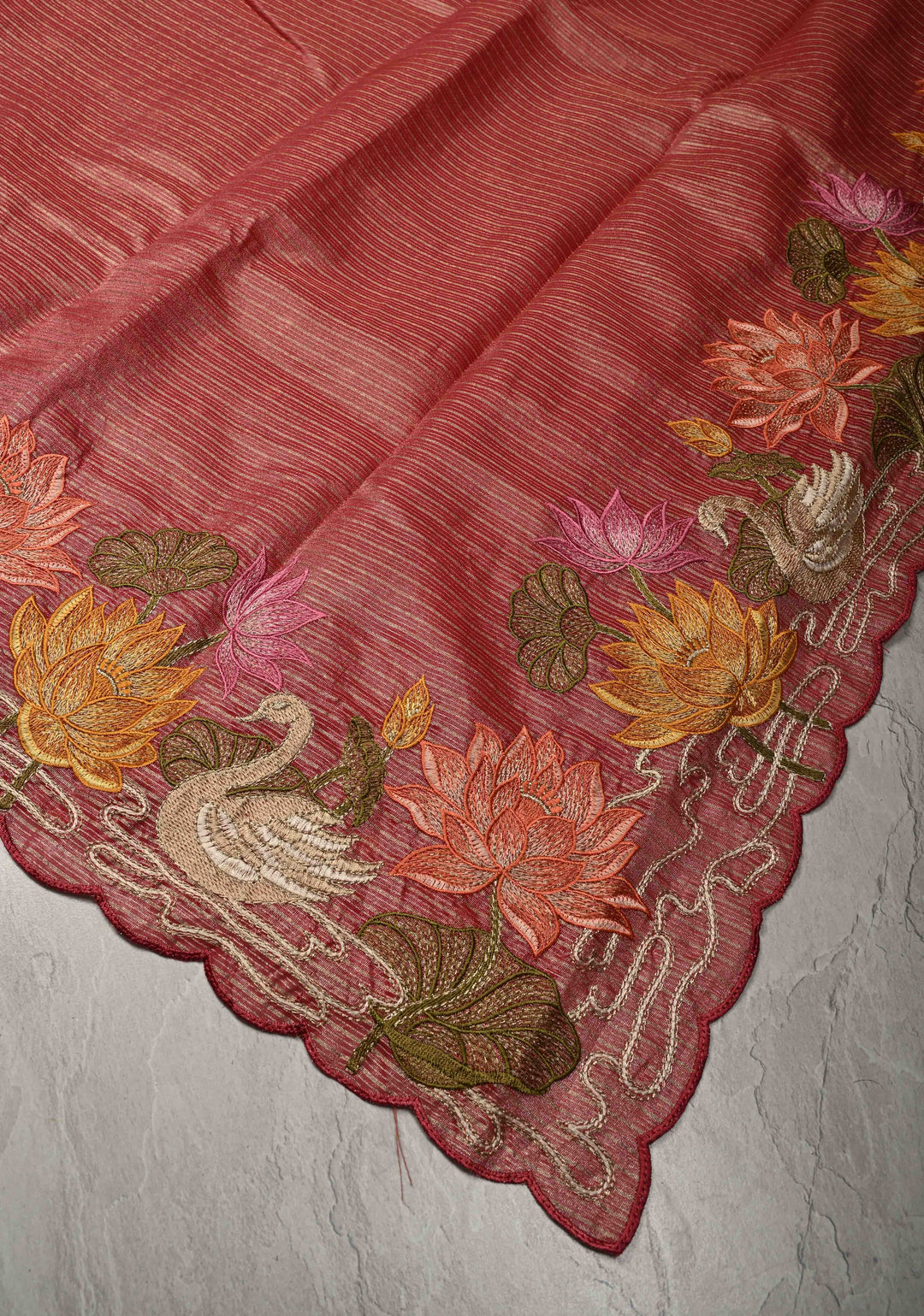 Rose Pink Vegan Viscose Tissue Stripes Saree with Lotus and Swan Embroidery Scallop Border