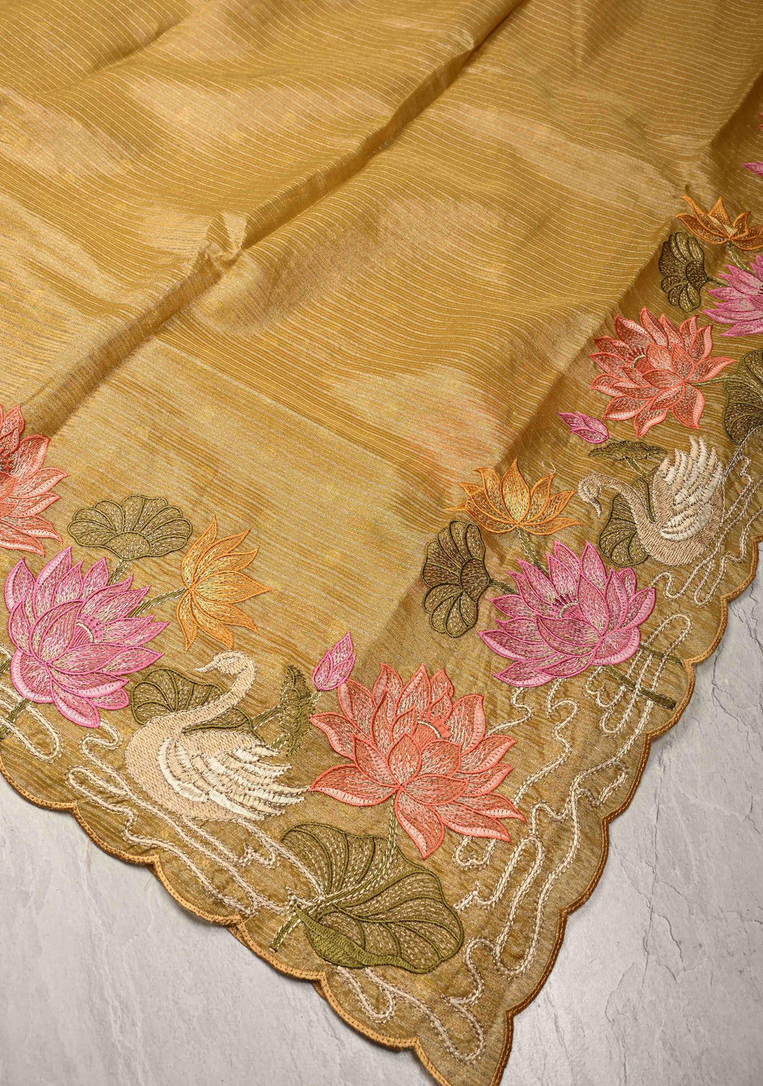 Mustard Yellow Vegan Viscose Tissue Stripes Saree with Meenakari Embroidery Scallop Border