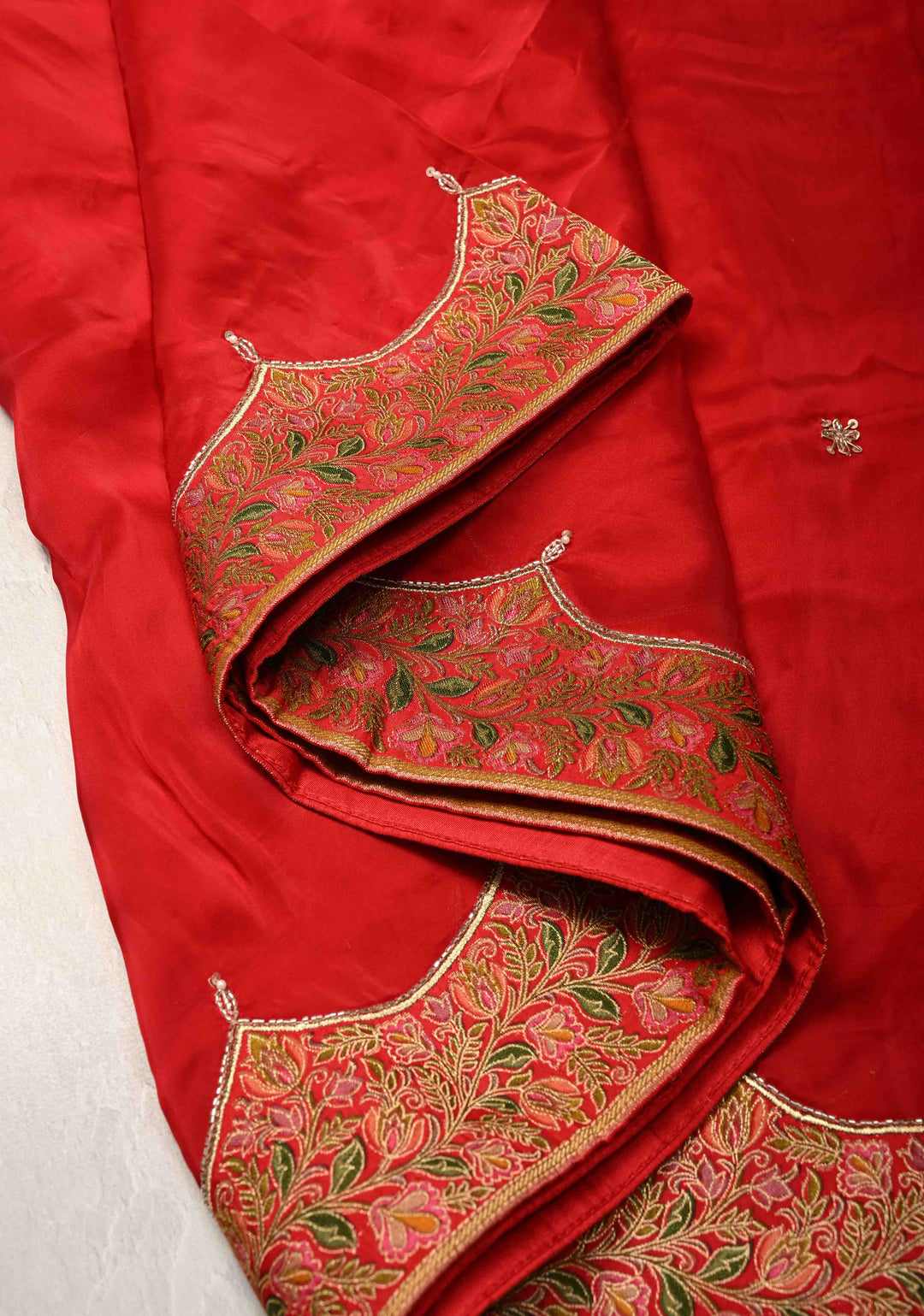 Blood Red Vegan Silk Habutai Saree with Hand Work and Banarasi Scallop Border