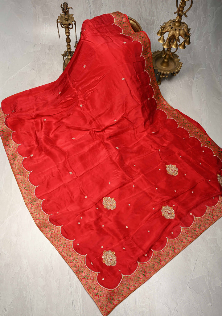 Blood Red Vegan Silk Habutai Saree with Hand Work and Banarasi Scallop Border