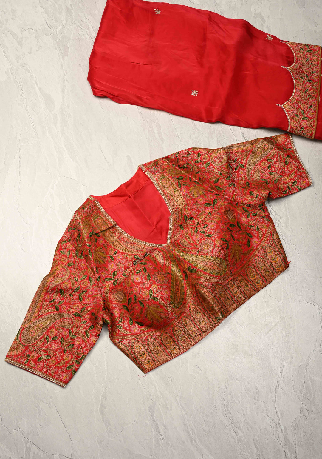 Blood Red Vegan Silk Habutai Saree with Hand Work and Banarasi Scallop Border
