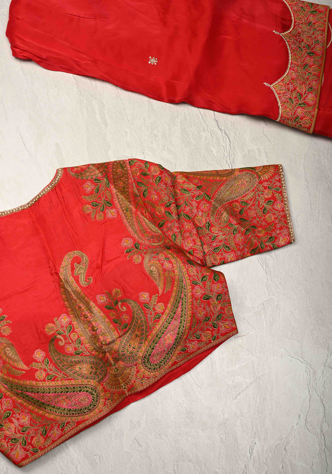Blood Red Vegan Silk Habutai Saree with Hand Work and Banarasi Scallop Border