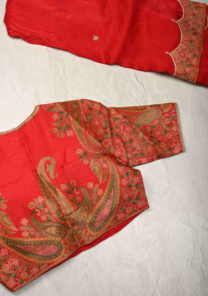 Blood Red Vegan Silk Habutai Saree with Hand Work and Banarasi Scallop Border