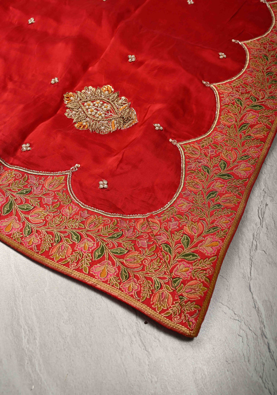Blood Red Vegan Silk Habutai Saree with Hand Work and Banarasi Scallop Border