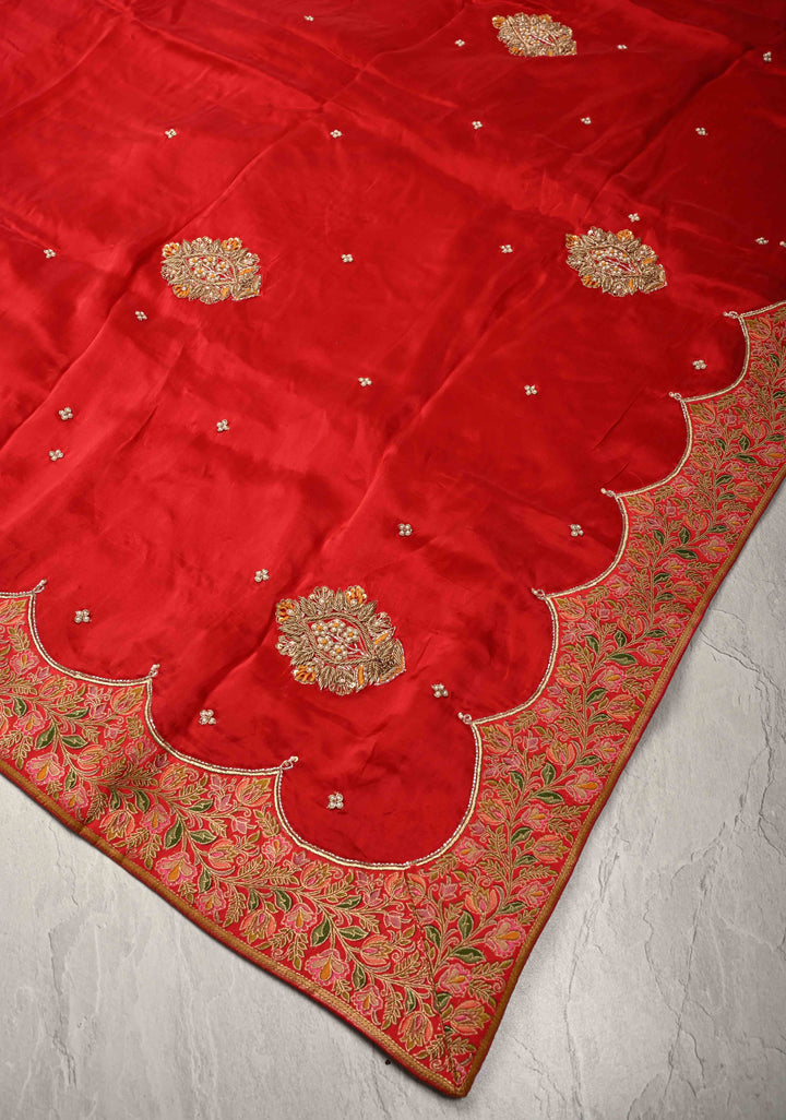 Blood Red Vegan Silk Habutai Saree with Hand Work and Banarasi Scallop Border
