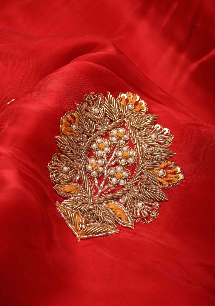 Blood Red Vegan Silk Habutai Saree with Hand Work and Banarasi Scallop Border