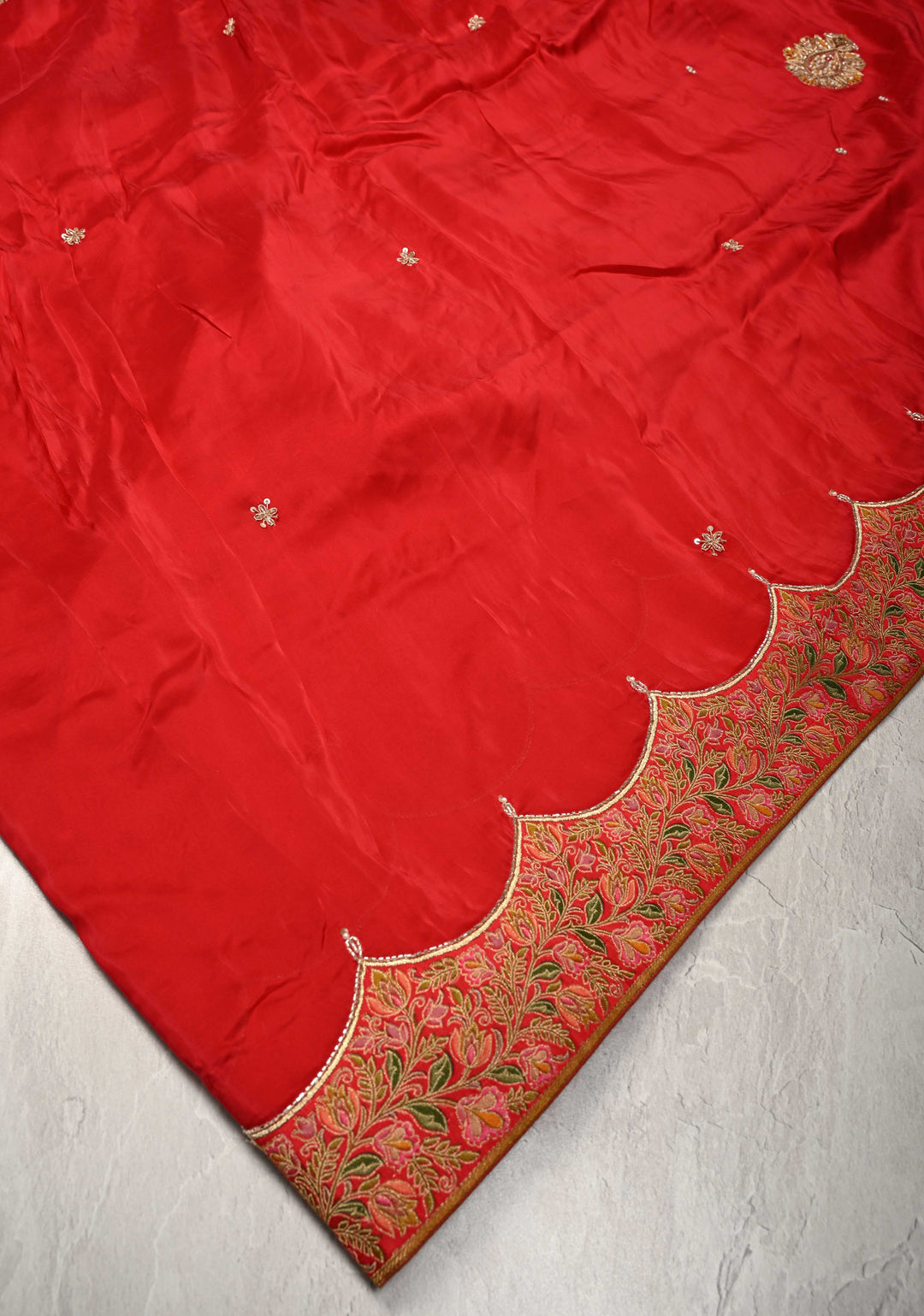 Blood Red Vegan Silk Habutai Saree with Hand Work and Banarasi Scallop Border