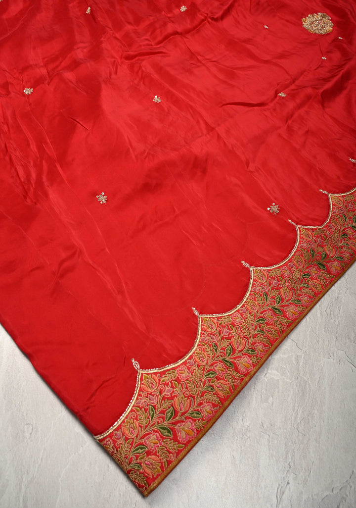 Blood Red Vegan Silk Habutai Saree with Hand Work and Banarasi Scallop Border