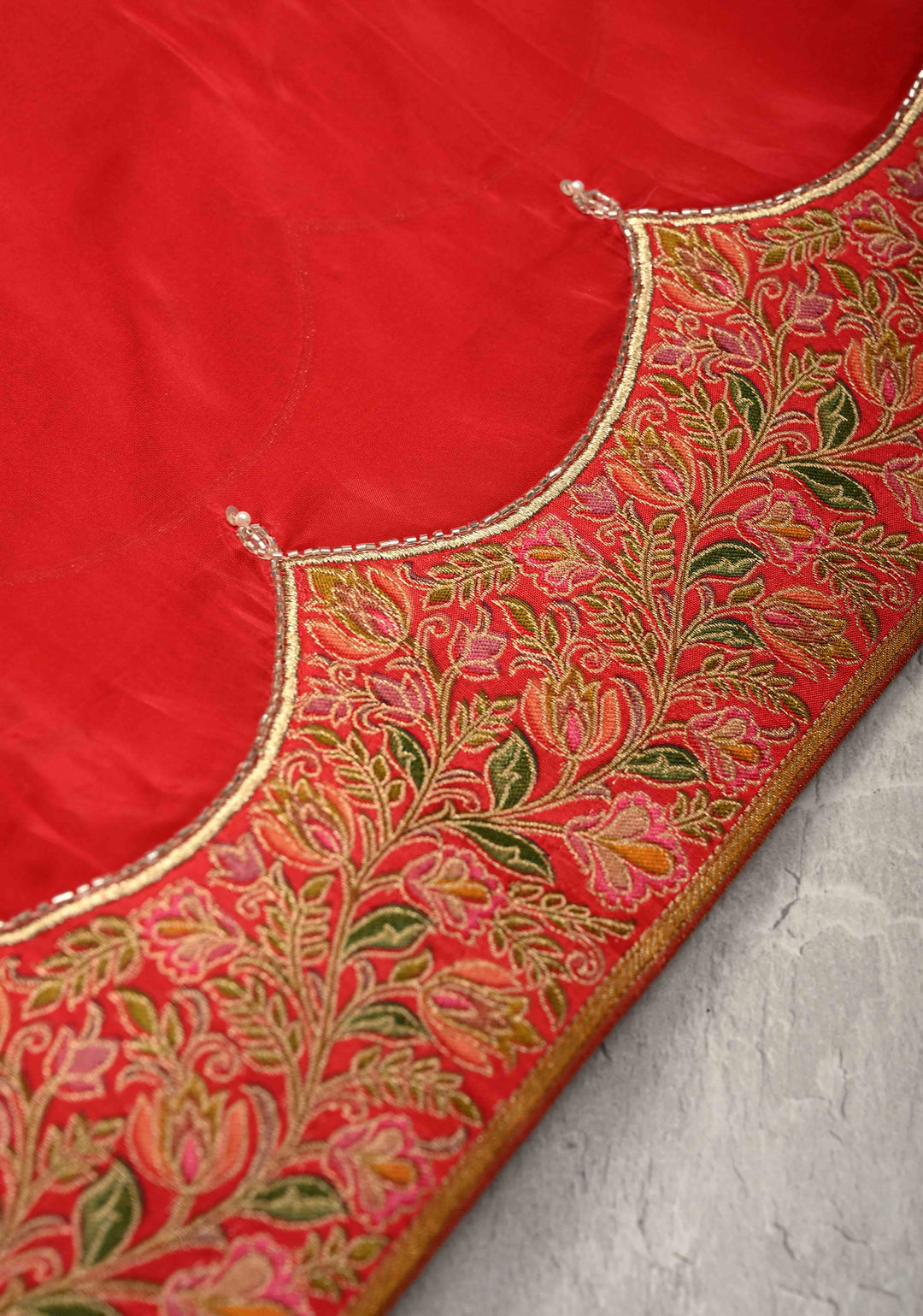 Blood Red Vegan Silk Habutai Saree with Hand Work and Banarasi Scallop Border