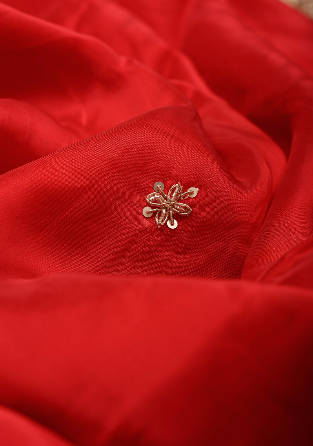 Blood Red Vegan Silk Habutai Saree with Hand Work and Banarasi Scallop Border