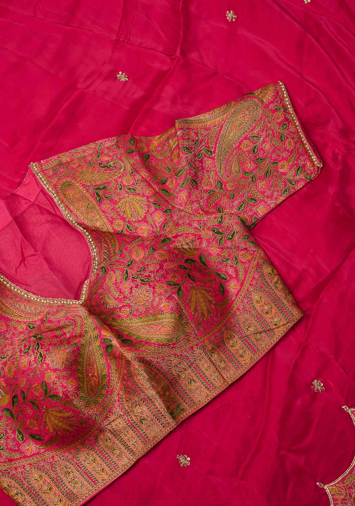 Rani Pink Vegan Silk Habutai Saree with embellishments and Scallop Border