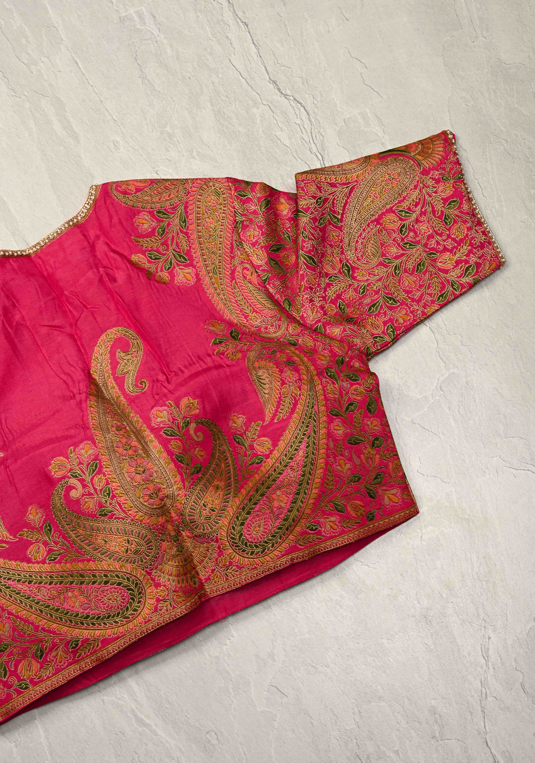 Rani Pink Vegan Silk Habutai Saree with embellishments and Scallop Border