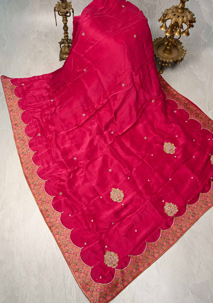 Rani Pink Vegan Silk Habutai Saree with embellishments and Scallop Border