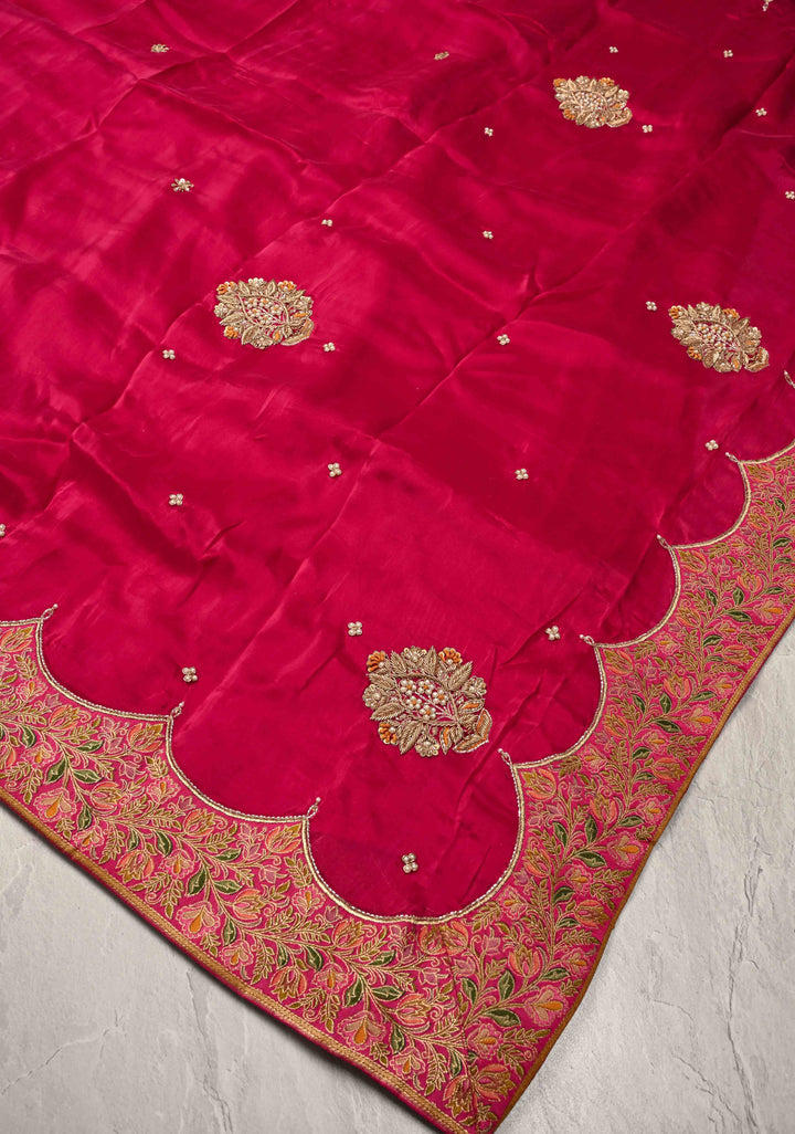 Rani Pink Vegan Silk Habutai Saree with embellishments and Scallop Border